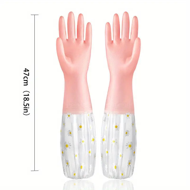 1 Pair Long Sleeve Floral Rubber Gloves-Reusable, Soft & Flexible-Multi-Use for Dishwashing, Kitchen, Oven, Pet Cleaning